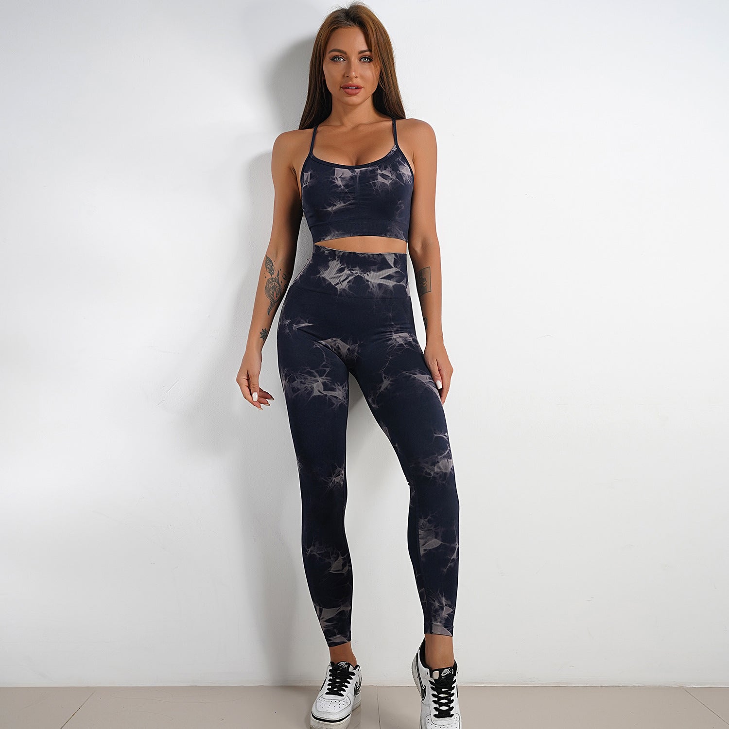 Seamless Knitted Tie Dyed Yoga Clothes Fitness Suit Sports High Waist Elastic Pants Women