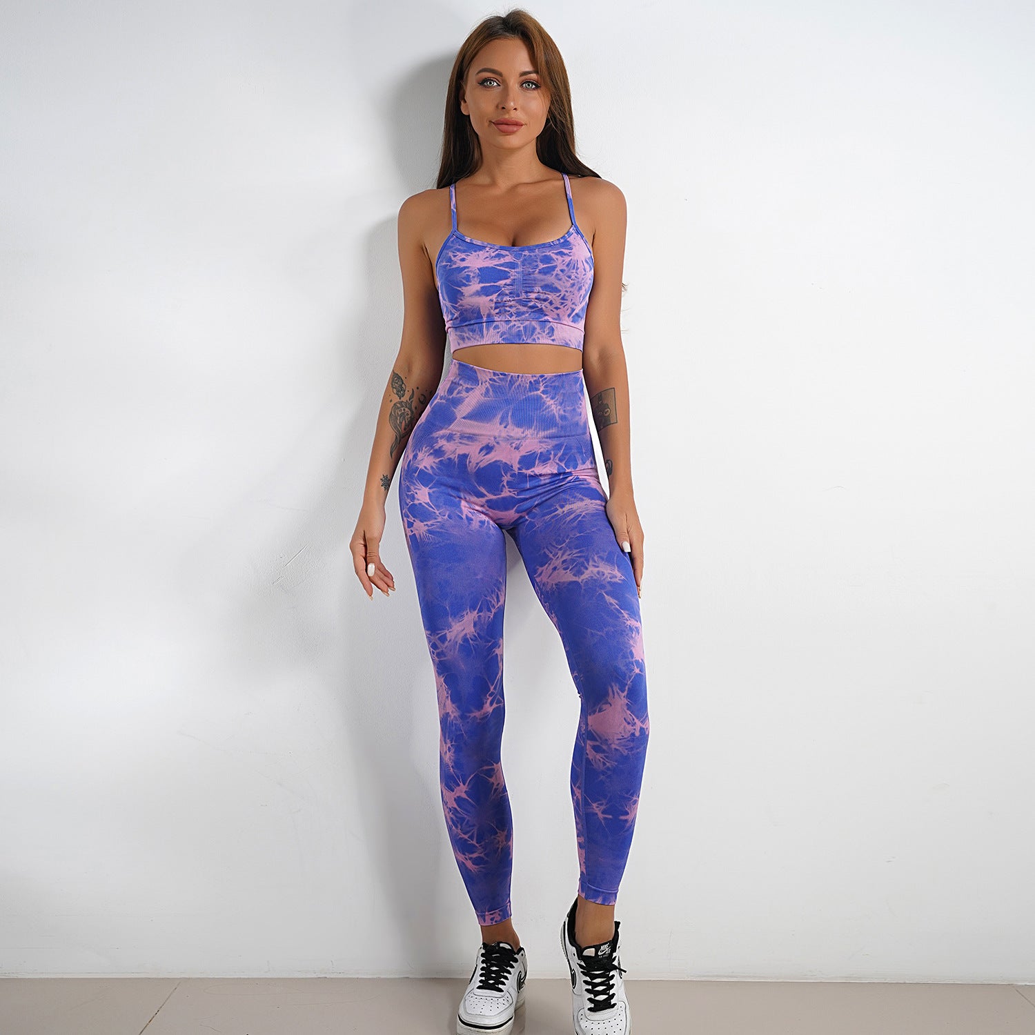 Seamless Knitted Tie Dyed Yoga Clothes Fitness Suit Sports High Waist Elastic Pants Women