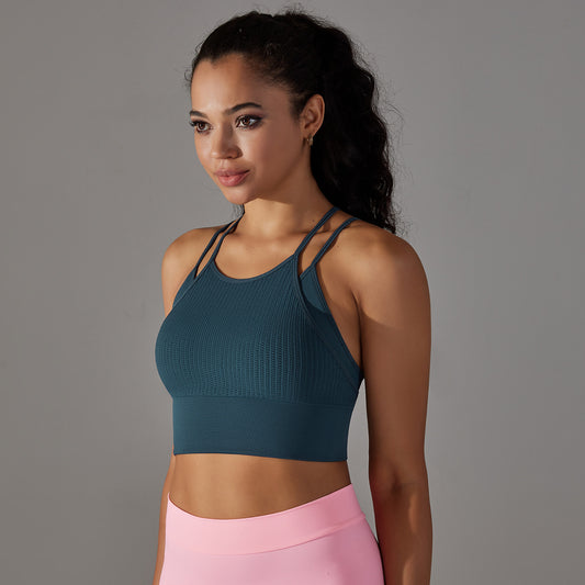Seamless Knitted Double-Shoulder Strap Beauty Back Yoga Vest Breathable Wicking Sports Bra Running Fitness Clothes