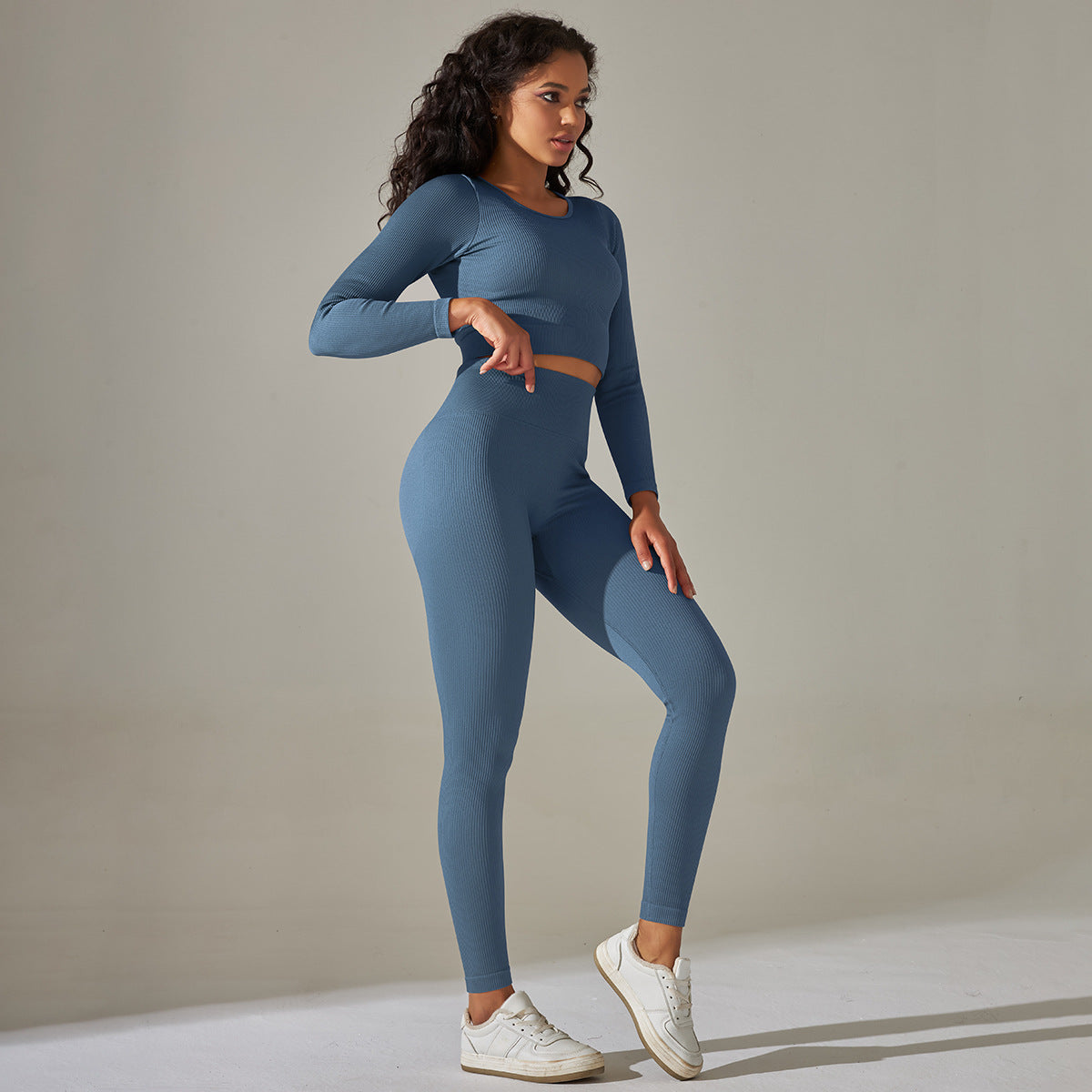 Seamless Solid Color Stripes Peach High Waist Tight Yoga Suit Sports Running Fitness Clothes Women